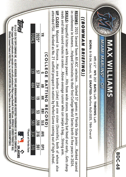 2025 Topps Bowman Draft Chrome Blue /150 1st Max Williams #BDC-68 Miami Marlins
