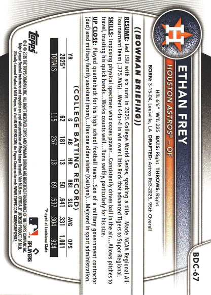 2025 Topps Bowman Draft Chrome Aqua Wave /125 1st Ethan Frey #BDC-67 Houston Astros