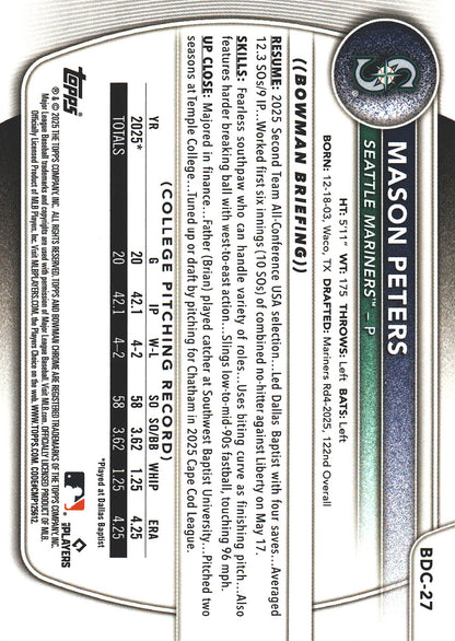2025 Topps Bowman Draft Chrome Reptilian Aqua /125 1st Mason Peters #BDC-27 Seattle Mariners