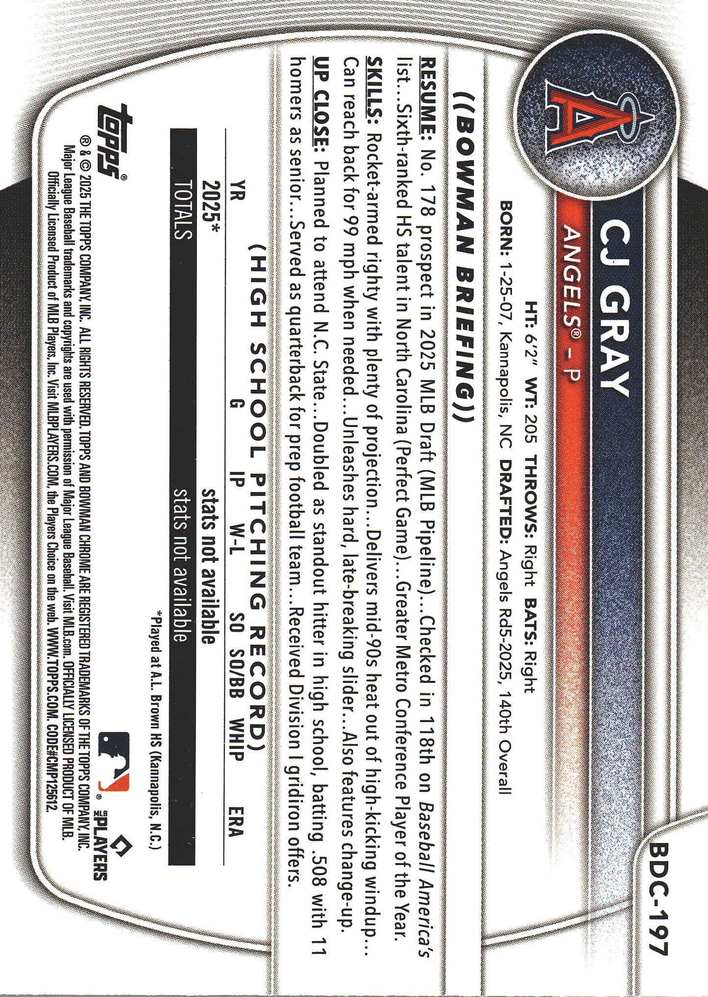 2025 Topps Bowman Draft Chrome Reptilian Aqua /125 1st CJ Gray #BDC-197 Los Angeles Angels