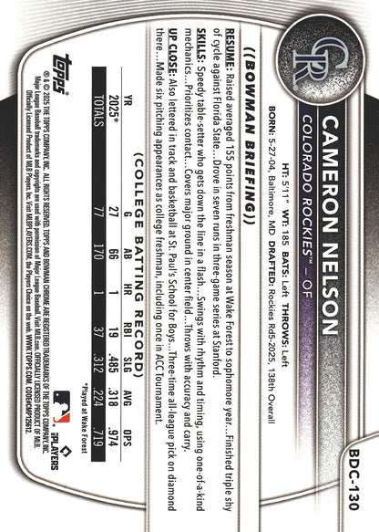2025 Topps Bowman Draft Chrome Steel /100 1st Cameron Nelson #BDC-130 Colorado Rockies