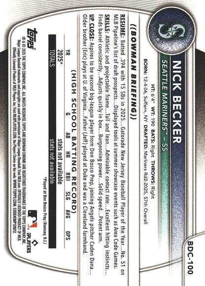 2025 Topps Bowman Draft Chrome Green /99 1st Nick Becker #BDC-100 Seattle Mariners