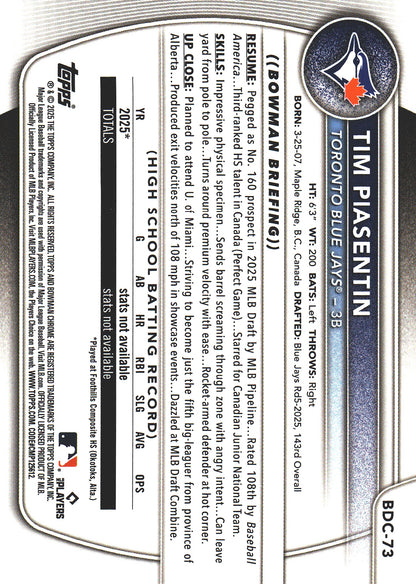 2025 Topps Bowman Draft Chrome Reptilian Green /99 1st Tim Piasentin #BDC-73 Toronto Blue Jays
