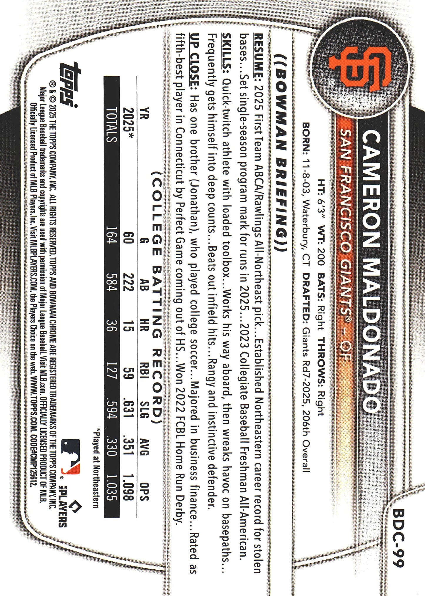 2025 Topps Bowman Draft Chrome Reptilian Green /99 1st Cameron Maldonado #BDC-99 San Francisco Giants