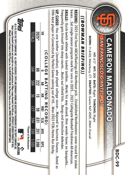2025 Topps Bowman Draft Chrome Reptilian Green /99 1st Cameron Maldonado #BDC-99 San Francisco Giants