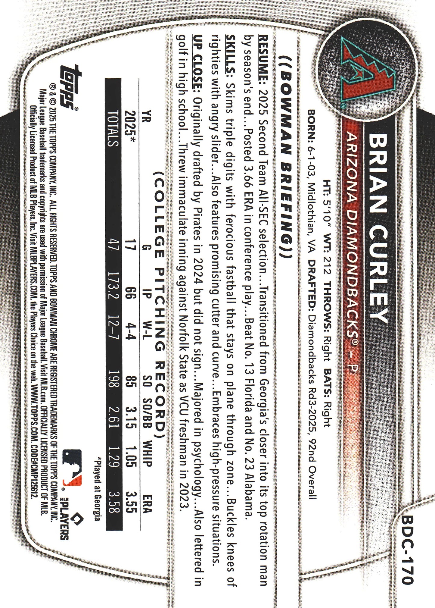 2025 Topps Bowman Draft Chrome Reptilian Green /99 1st Brian Curley #BDC-170 Arizona Diamondbacks