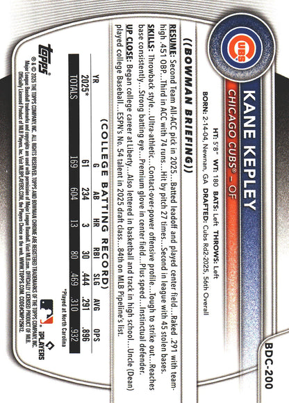 2025 Topps Bowman Draft Chrome Reptilian Green /99 1st Kane Kepley #BDC-200 Chicago Cubs