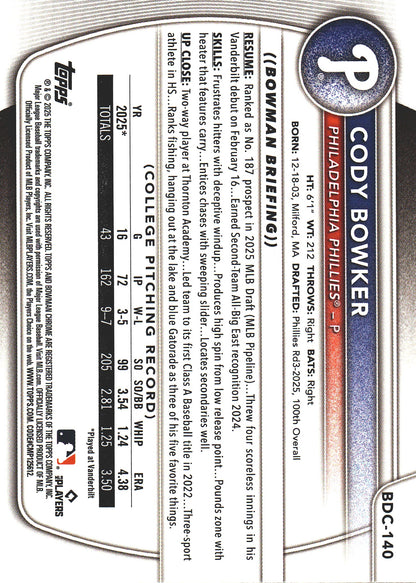 2025 Topps Bowman Draft Chrome Grass /99 1st Cody Bowker #BDC-140 Philadelphia Phillies