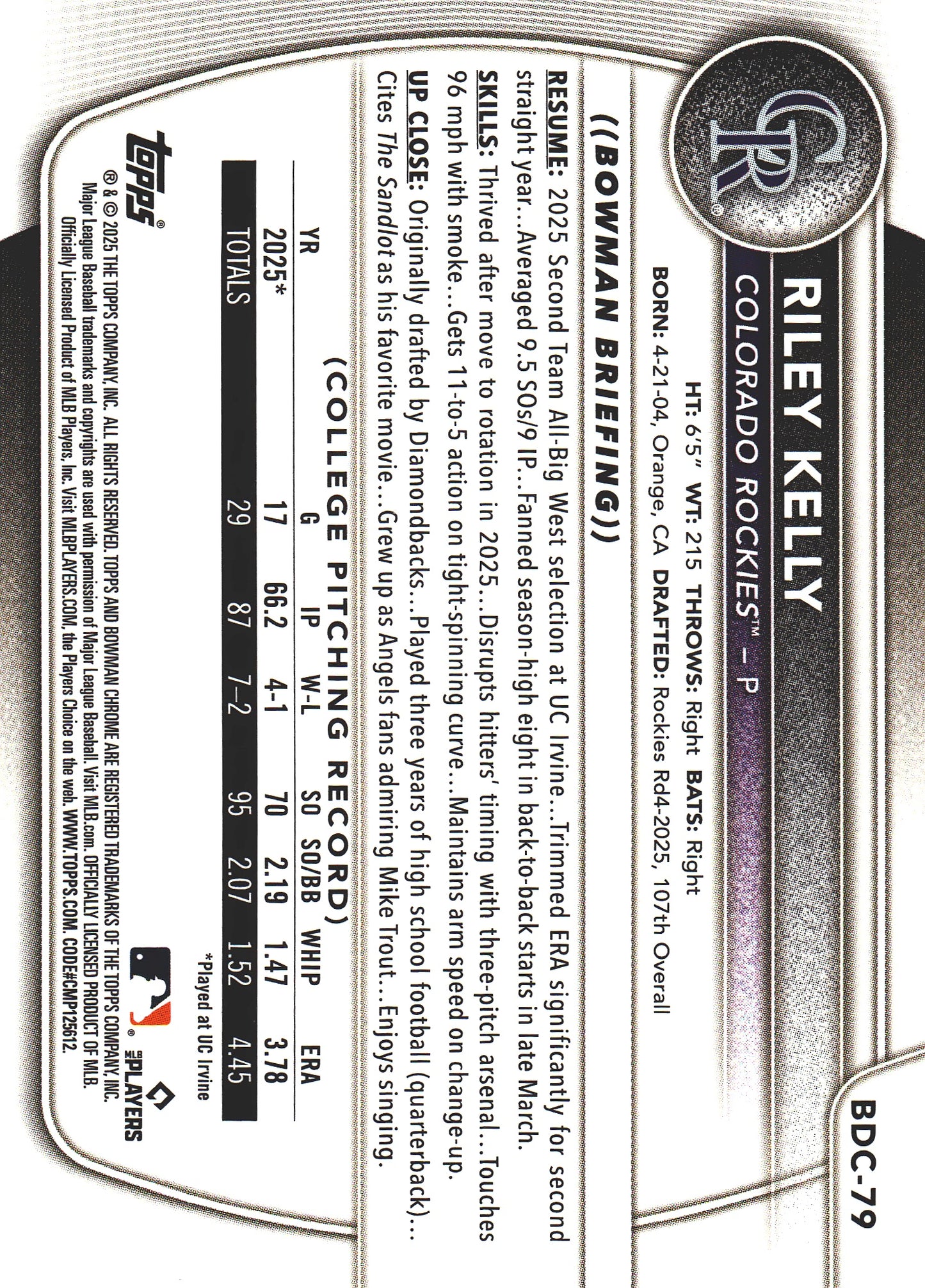 2025 Topps Bowman Draft Chrome Yellow /75 1st Riley Kelly #BDC-79 Colorado Rockies