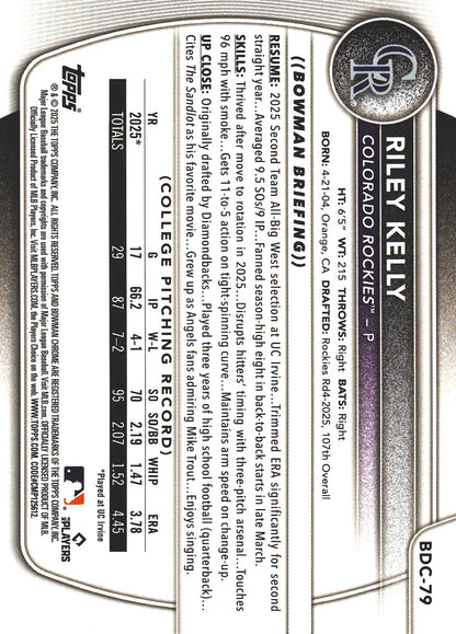 2025 Topps Bowman Draft Chrome Yellow /75 1st Riley Kelly #BDC-79 Colorado Rockies