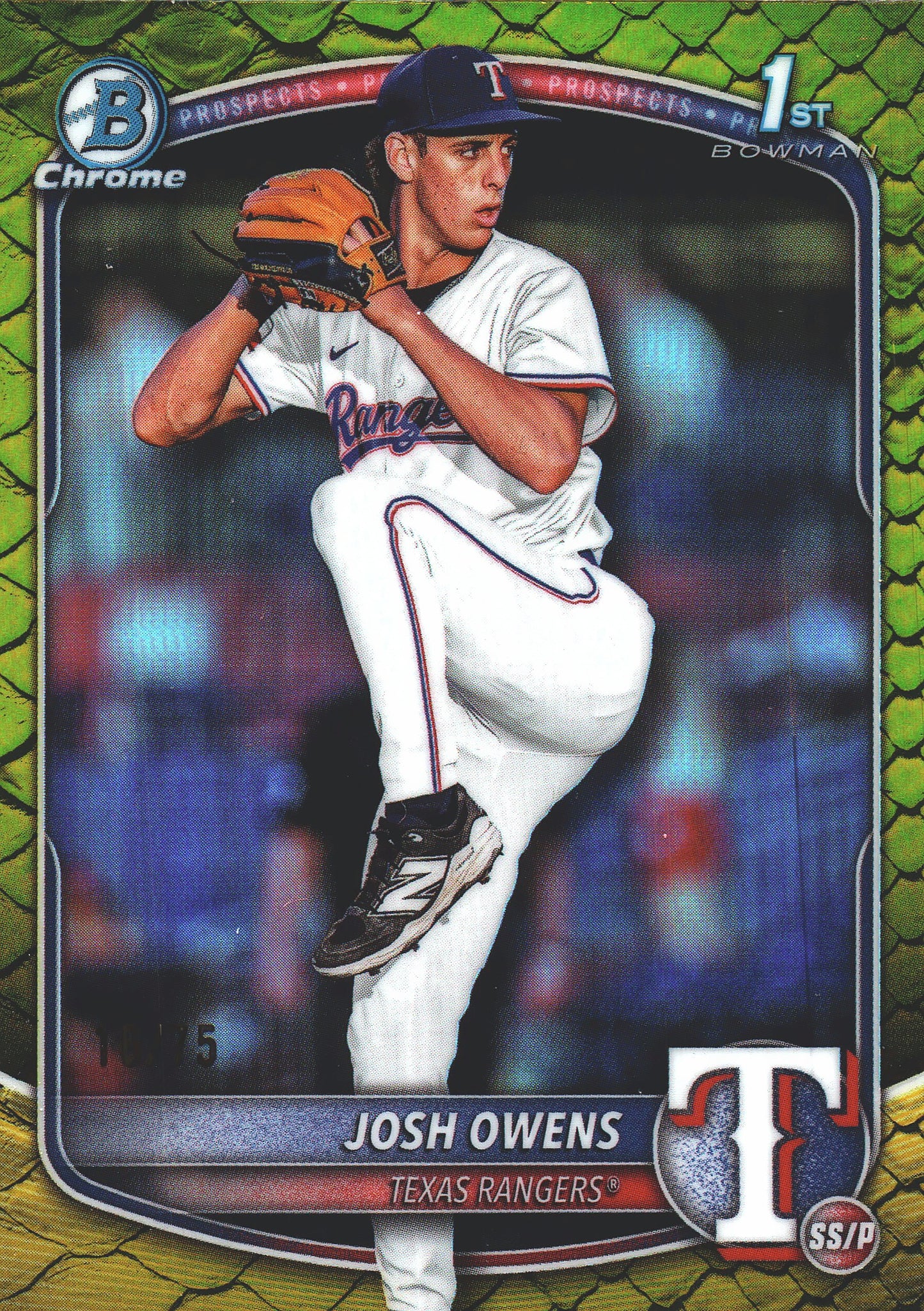 2025 Topps Bowman Draft Chrome Reptilian Yellow /75 1st Josh Owens #BDC-119 Texas Rangers