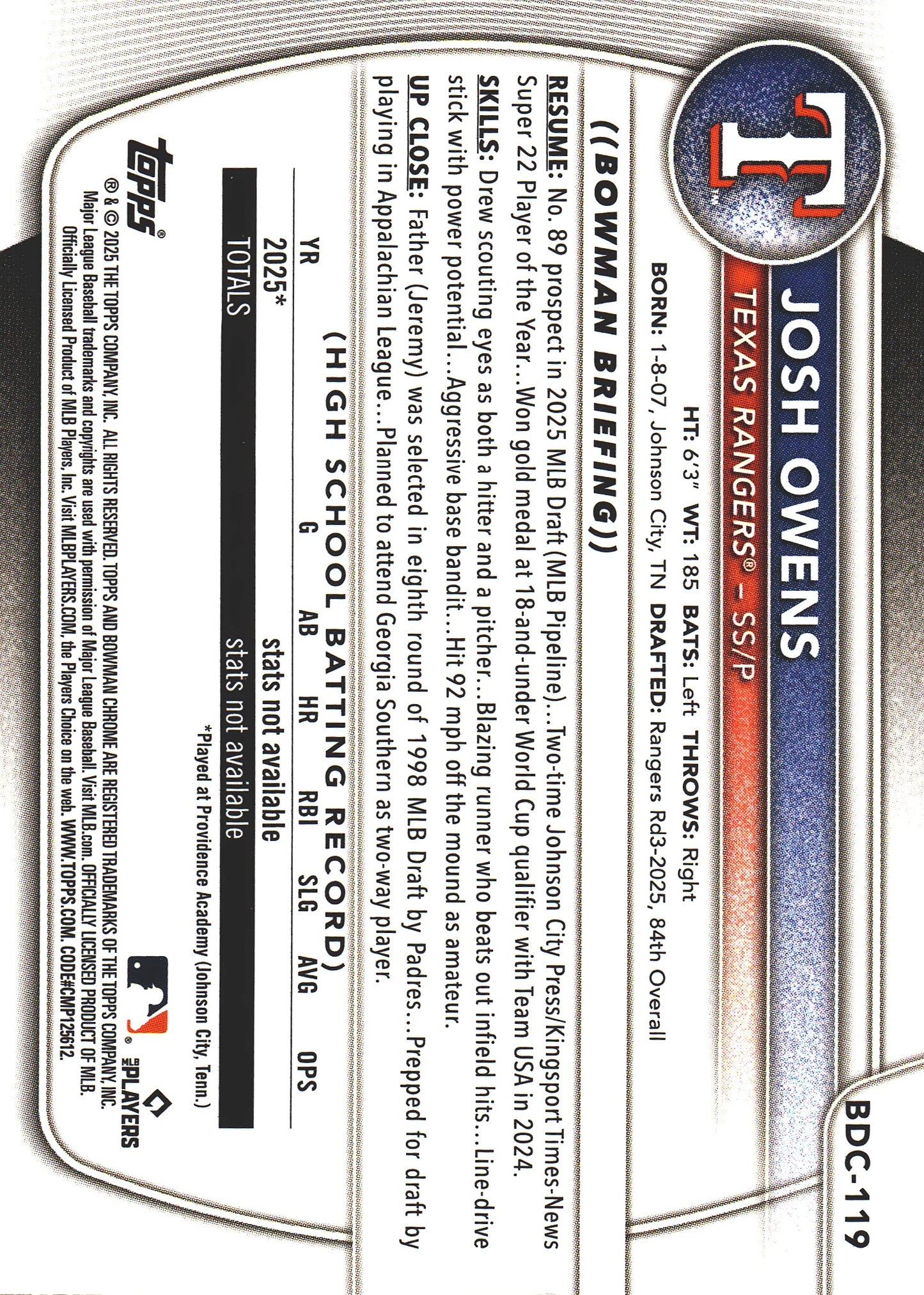 2025 Topps Bowman Draft Chrome Reptilian Yellow /75 1st Josh Owens #BDC-119 Texas Rangers