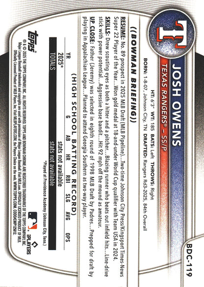 2025 Topps Bowman Draft Chrome Reptilian Yellow /75 1st Josh Owens #BDC-119 Texas Rangers
