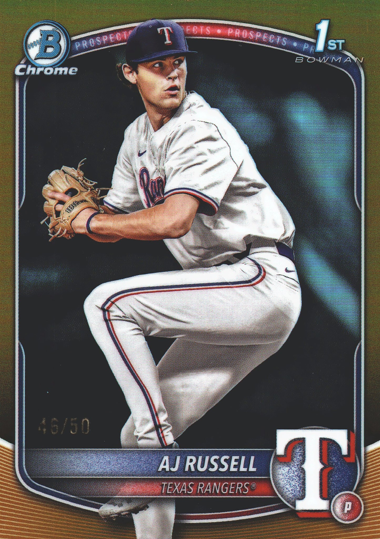 2025 Topps Bowman Draft Chrome Gold /50 1st AJ Russell #BDC-51 Texas Rangers