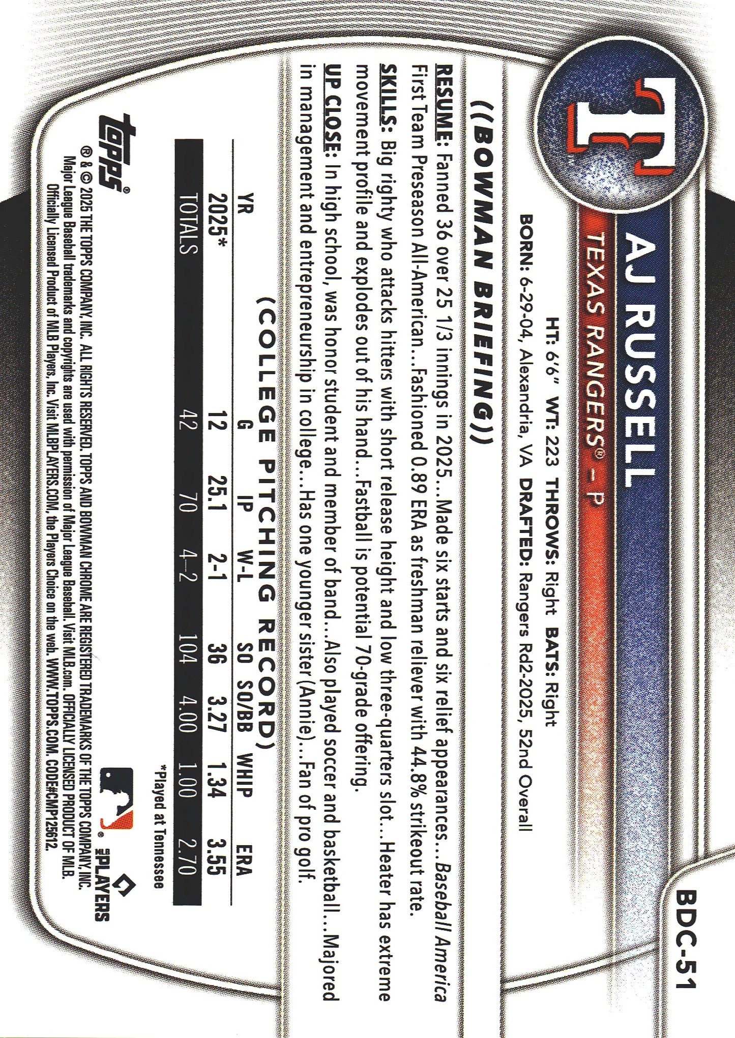 2025 Topps Bowman Draft Chrome Gold /50 1st AJ Russell #BDC-51 Texas Rangers