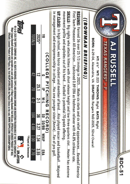 2025 Topps Bowman Draft Chrome Gold /50 1st AJ Russell #BDC-51 Texas Rangers