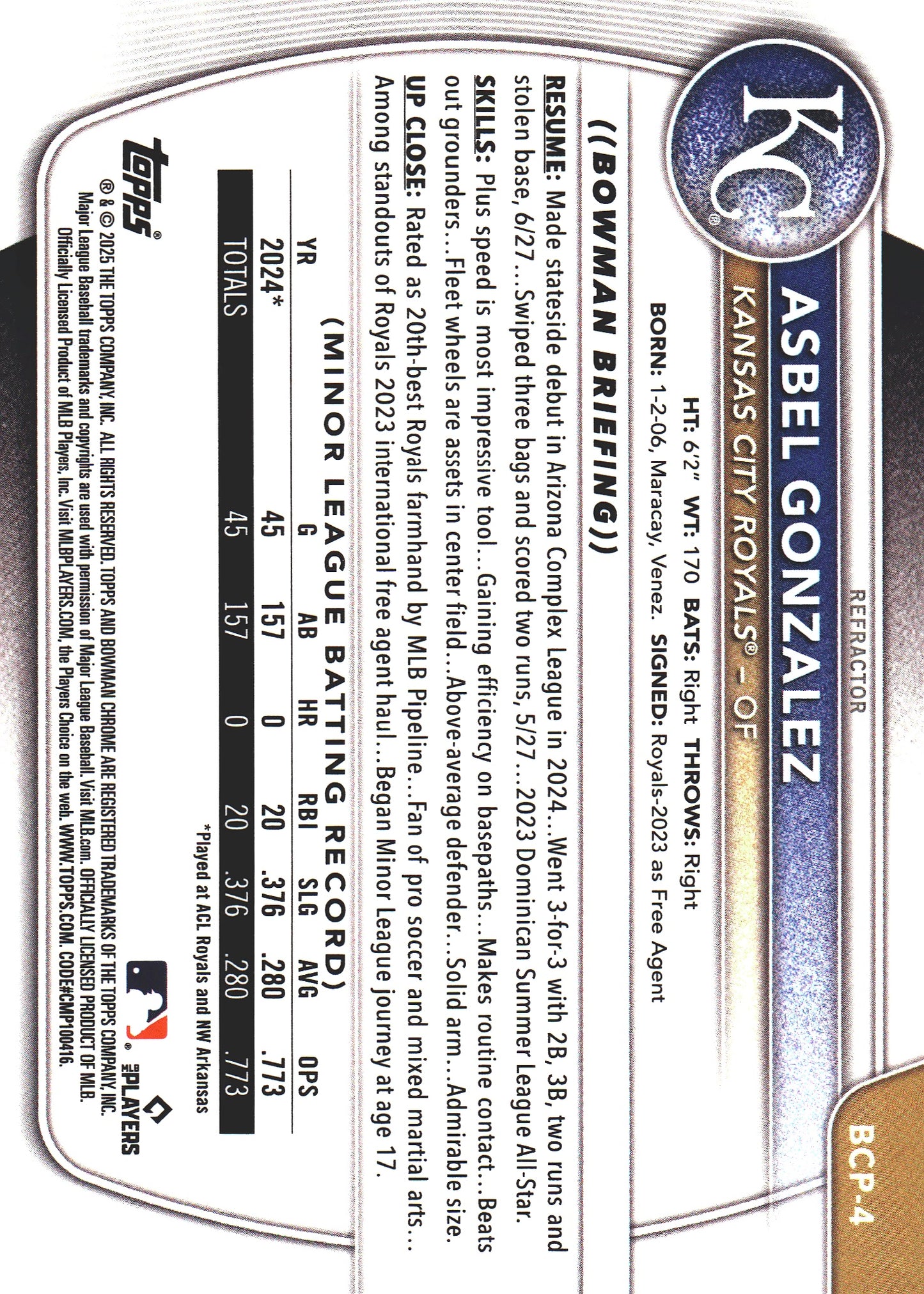 2025 Topps Bowman Chrome Prospects /499 1st Asbel Gonzalez #BCP-4 Kansas City Royals