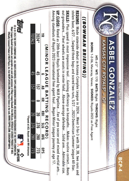 2025 Topps Bowman Chrome Prospects /499 1st Asbel Gonzalez #BCP-4 Kansas City Royals