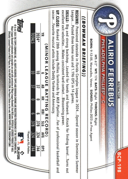 2025 Topps Bowman Chrome Prospects /499 1st Alirio Ferrebus #BCP-198 Philadelphia Phillies