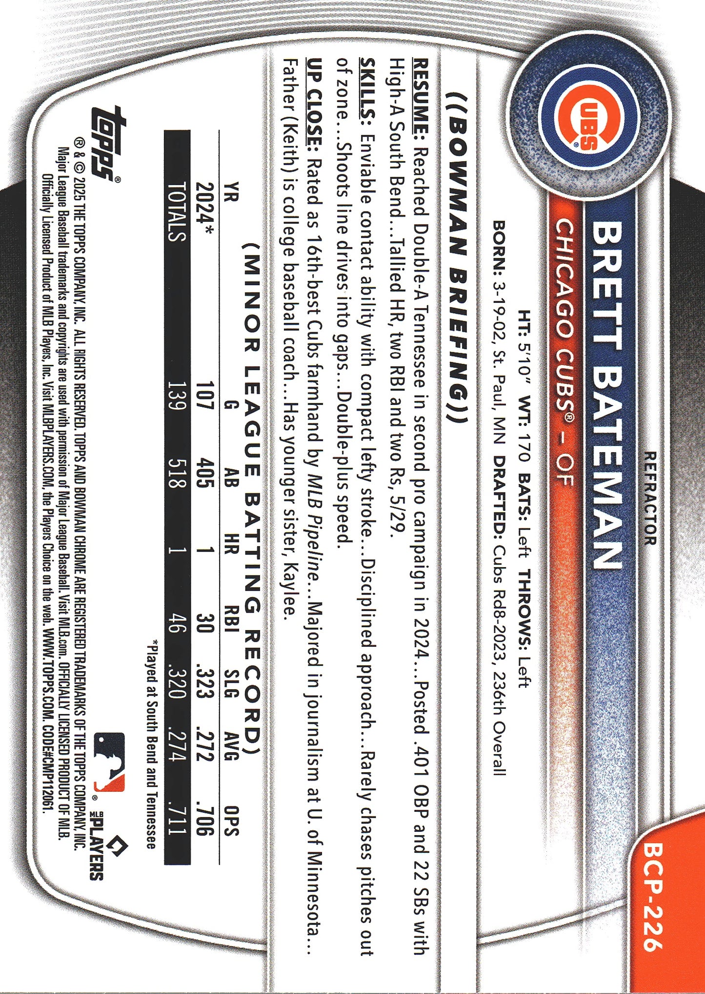 2025 Topps Bowman Chrome Prospects /499 1st Brett Bateman #BCP-226 Chicago Cubs