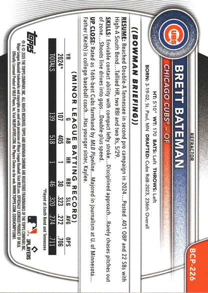 2025 Topps Bowman Chrome Prospects /499 1st Brett Bateman #BCP-226 Chicago Cubs