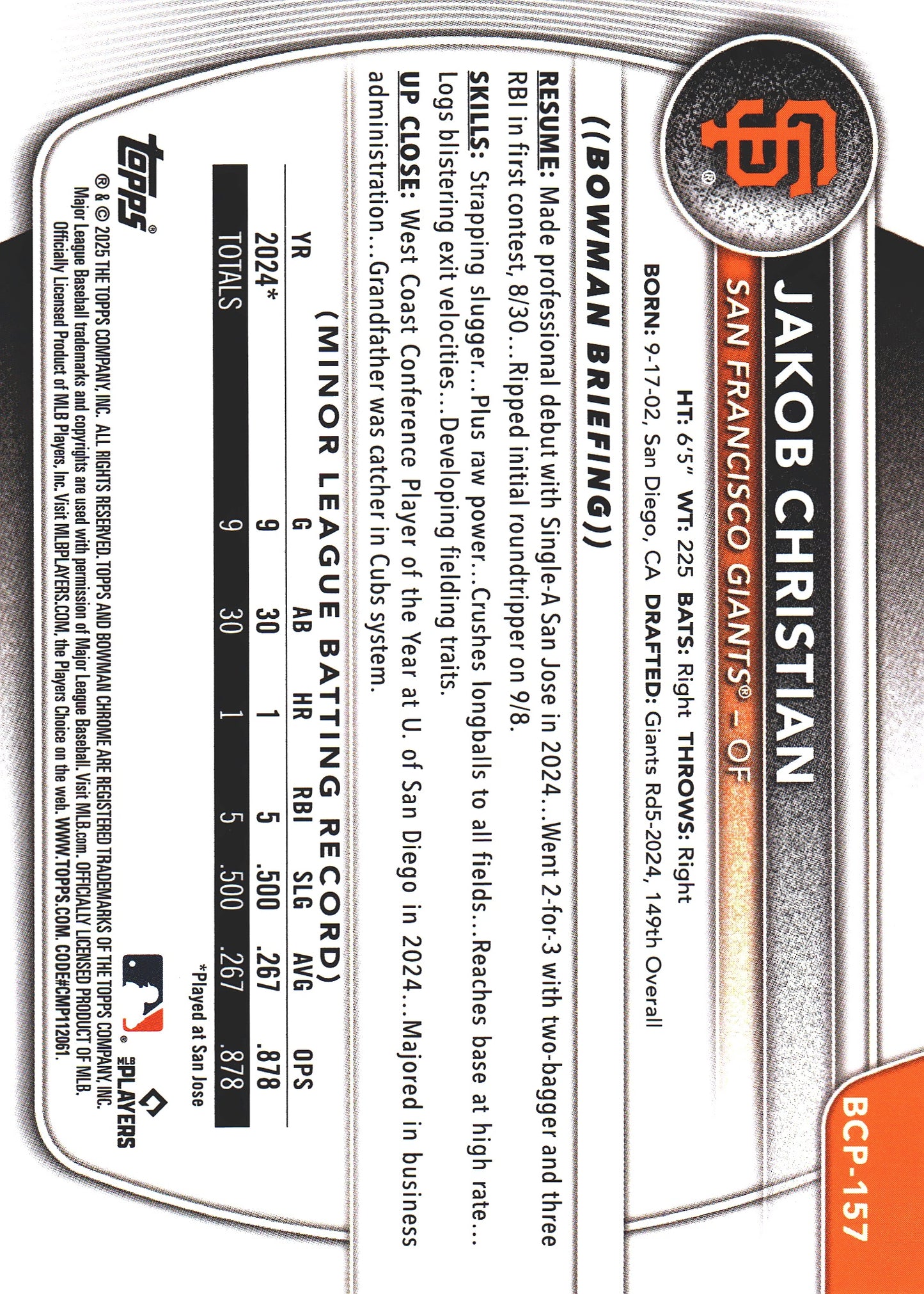 2025 Topps Bowman Chrome Prospects Geometric /499 1st Jakob Christian #BCP-157 San Francisco Giants