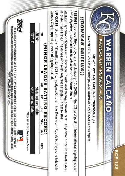2025 Topps Bowman Chrome Prospects Pulsar /399 1st Warren Calcaño #BCP-185 Kansas City Royals
