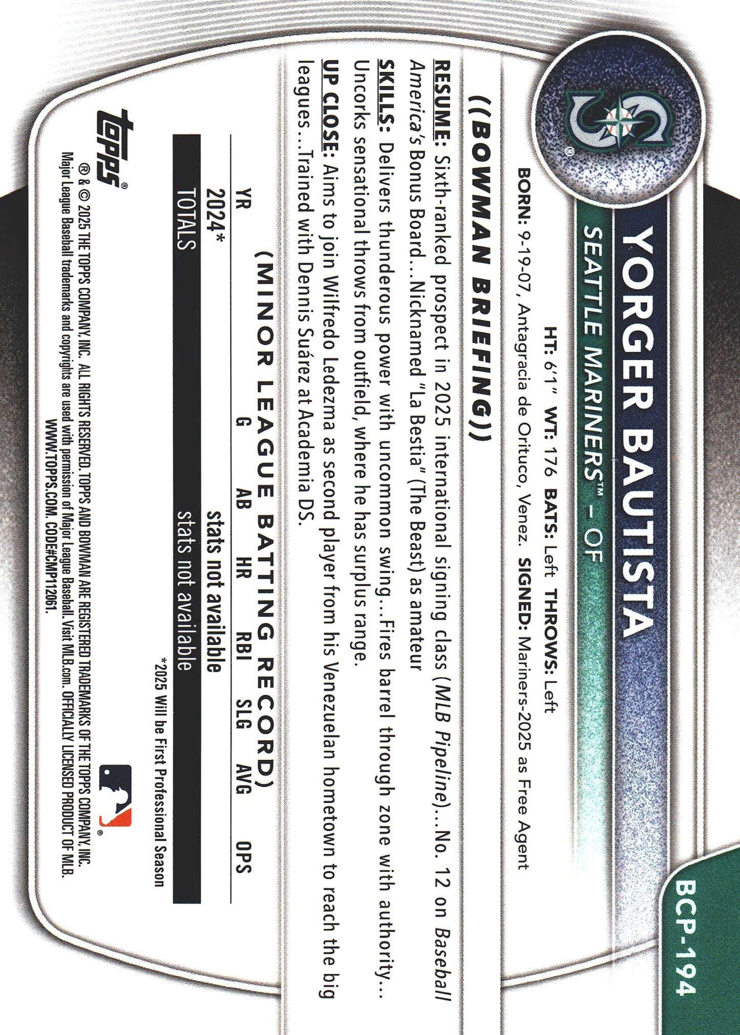 2025 Topps Bowman Chrome Prospects Pulsar /399 1st Yorger Bautista #BCP-194 Seattle Mariners