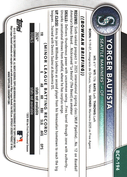 2025 Topps Bowman Chrome Prospects Pulsar /399 1st Yorger Bautista #BCP-194 Seattle Mariners