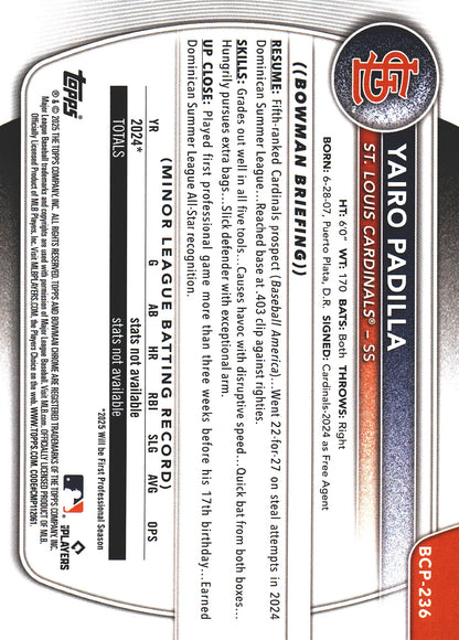 2025 Topps Bowman Chrome Prospects Pulsar /399 1st Yairo Padilla #BCP-236 St. Louis Cardinals