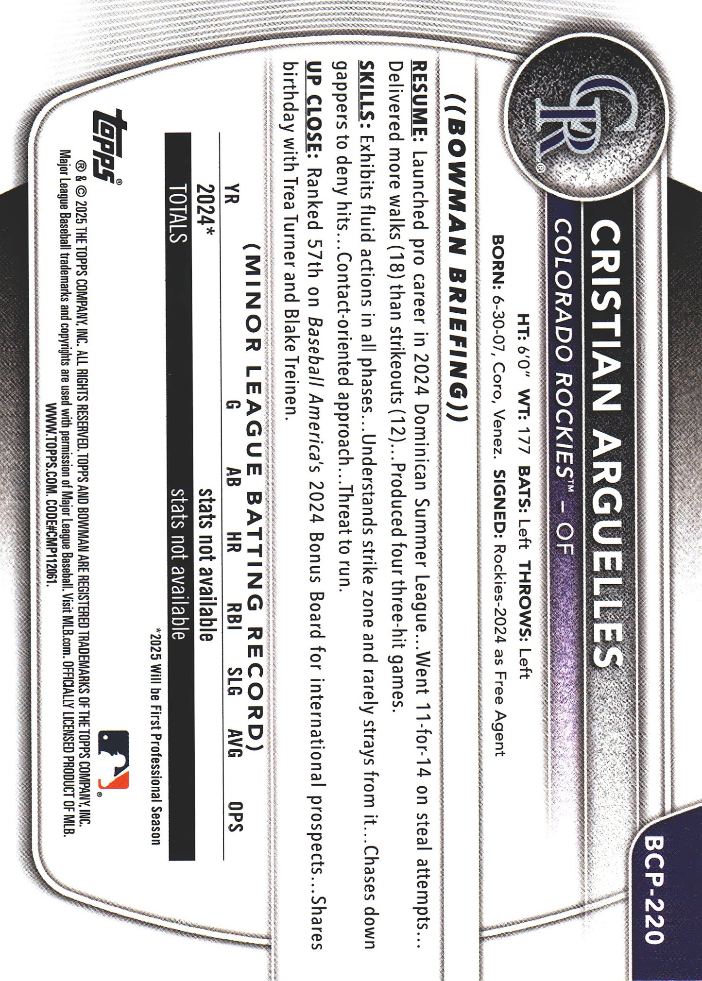 2025 Topps Bowman Chrome Prospects Pulsar /399 1st Cristian Arguelles #BCP-220 Colorado Rockies