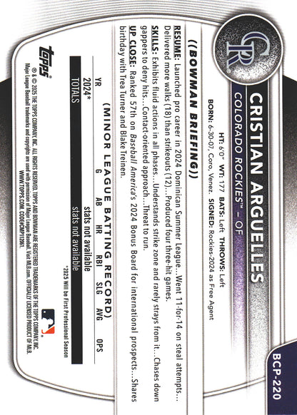 2025 Topps Bowman Chrome Prospects Pulsar /399 1st Cristian Arguelles #BCP-220 Colorado Rockies
