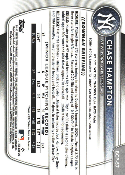 2025 Topps Bowman Chrome Prospects Lava /399 1st Chase Hampton #BCP-57 New York Yankees