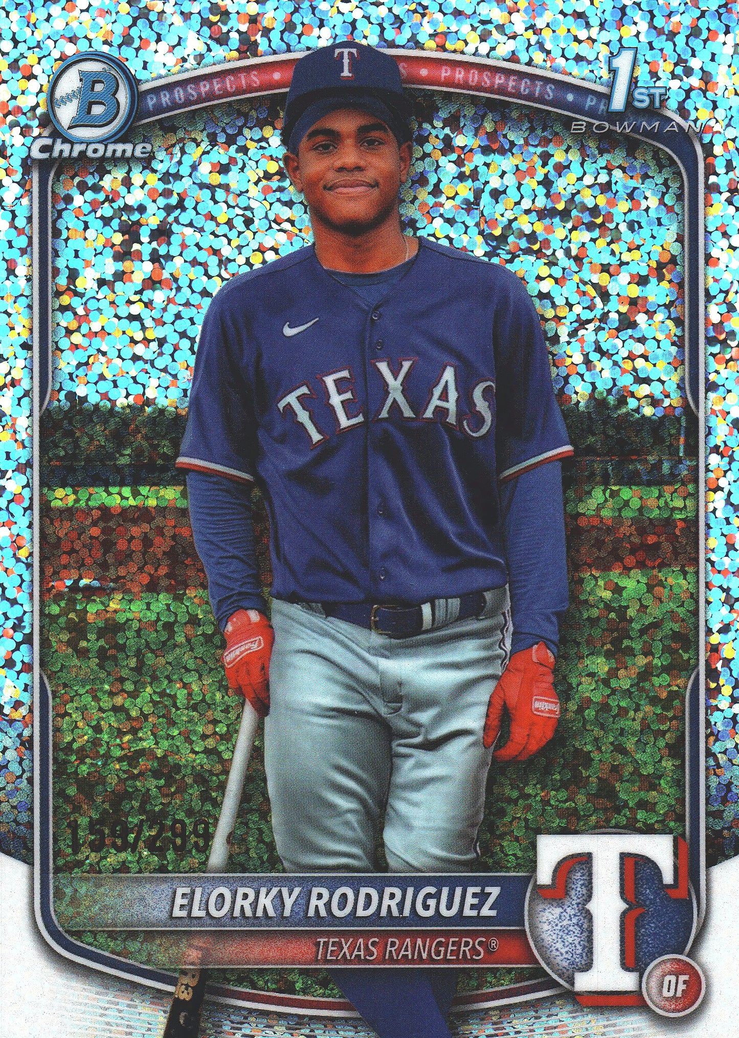 2025 Topps Bowman Chrome Prospects Sparkle /299 1st Elorky Rodriguez #BCP-186 Texas Rangers