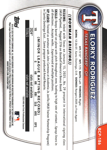 2025 Topps Bowman Chrome Prospects Sparkle /299 1st Elorky Rodriguez #BCP-186 Texas Rangers