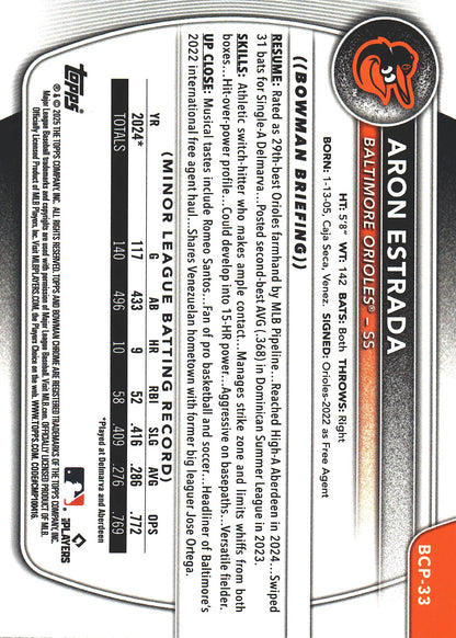 2025 Topps Bowman Chrome Prospects Purple /250 1st Aron Estrada #BCP-33 Baltimore Orioles