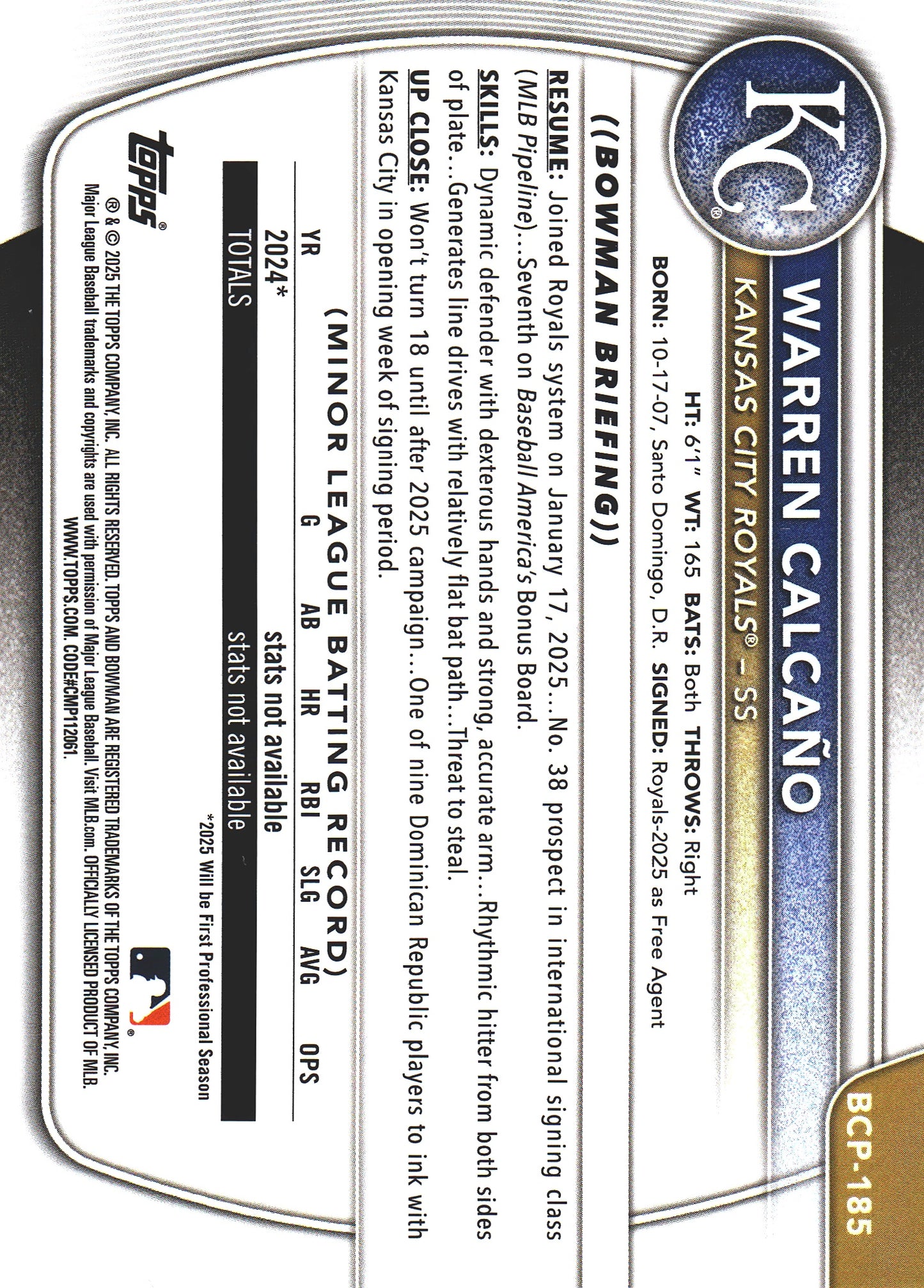 2025 Topps Bowman Chrome Prospects Purple /250 1st Warren Calcaño #BCP-185 Kansas City Royals