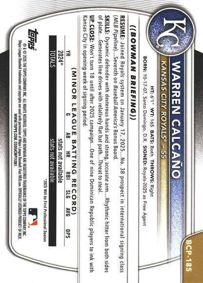 2025 Topps Bowman Chrome Prospects Purple /250 1st Warren Calcaño #BCP-185 Kansas City Royals