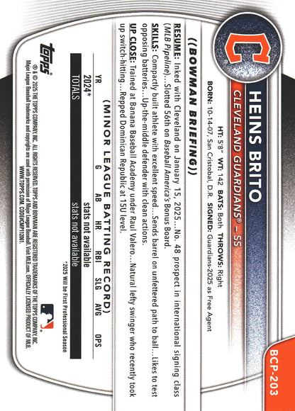2025 Topps Bowman Chrome Prospects Purple /250 1st Heins Brito #BCP-203 Cleveland Guardians