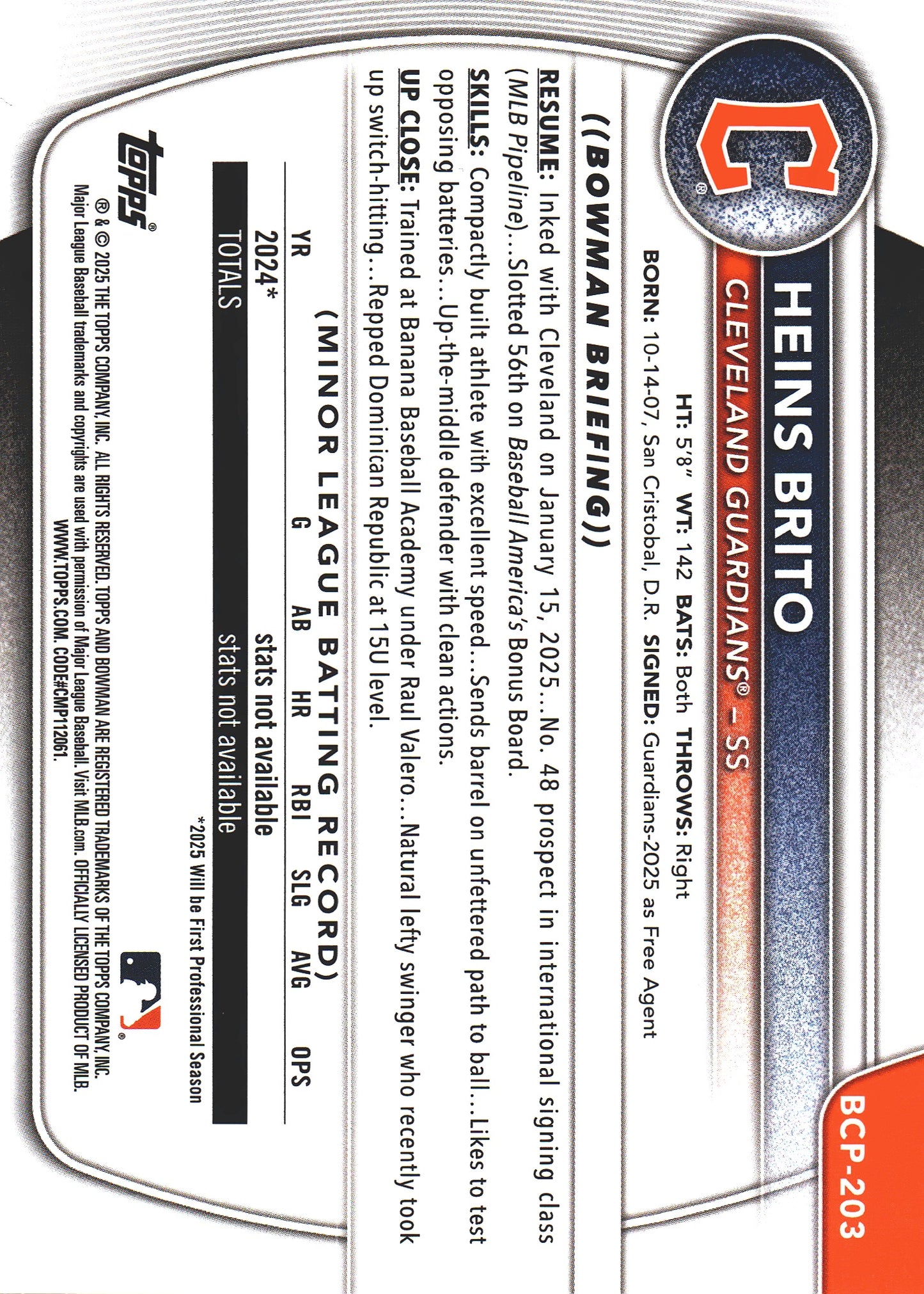 2025 Topps Bowman Chrome Prospects Purple Pulsar /250 1st Heins Brito #BCP-203 Cleveland Guardians