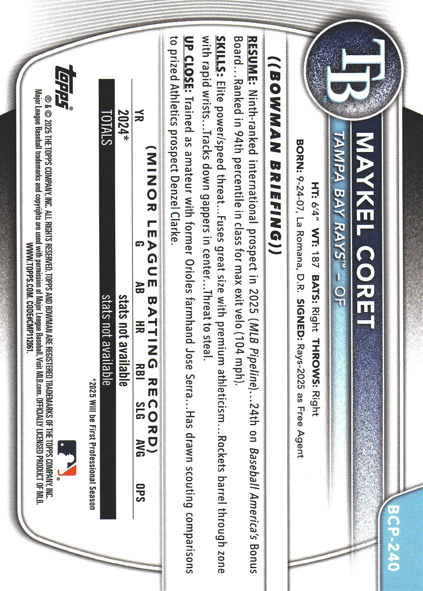 2025 Topps Bowman Chrome Prospects Purple Pulsar /250 1st Maykel Coret #BCP-240 Tampa Bay Rays