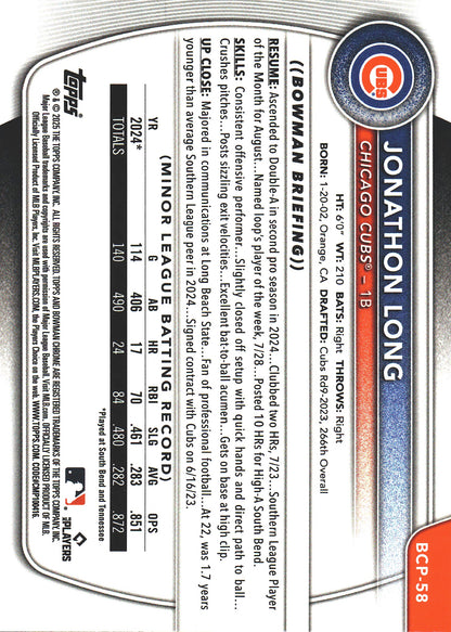 2025 Topps Bowman Chrome Prospects Wave Fuchsia /199 1st Jonathon Long #BCP-58 Chicago Cubs