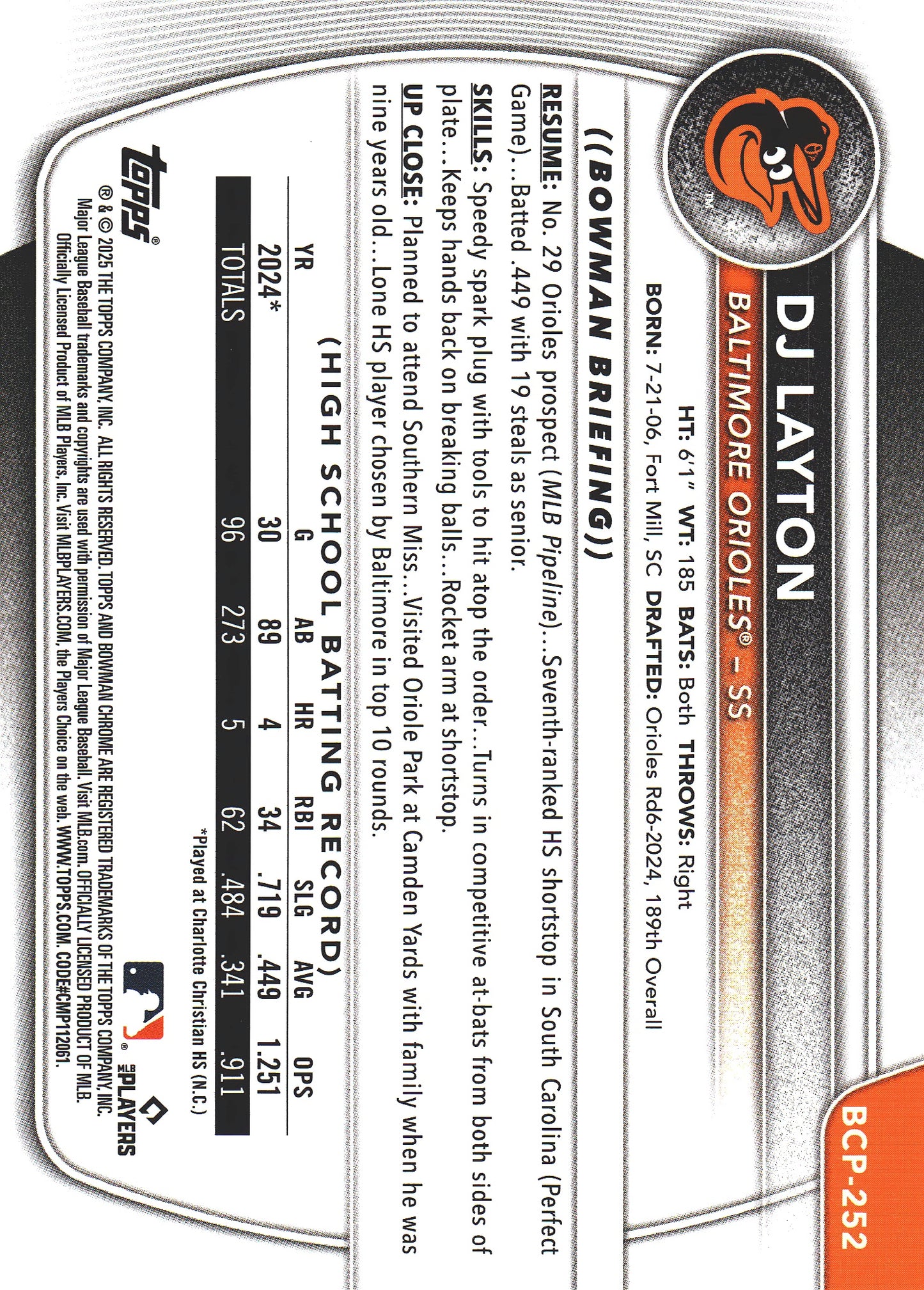 2025 Topps Bowman Chrome Prospects Blue /150 1st DJ Layton #BCP-252 Baltimore Orioles