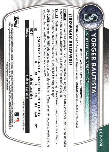 2025 Topps Bowman Chrome Prospects Blue Geometric /150 1st Yorger Bautista #BCP-194 Seattle Mariners