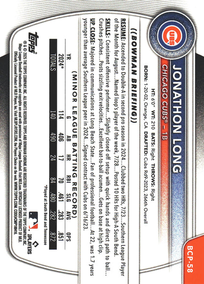2025 Topps Bowman Chrome Prospects Blue RayWave /150 1st Jonathon Long #BCP-58 Chicago Cubs
