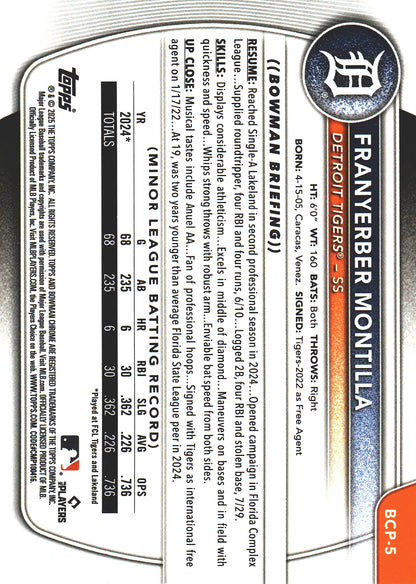 2025 Topps Bowman Chrome Prospects Blue RayWave /150 1st Franyerber Montilla #BCP-5 Detroit Tigers
