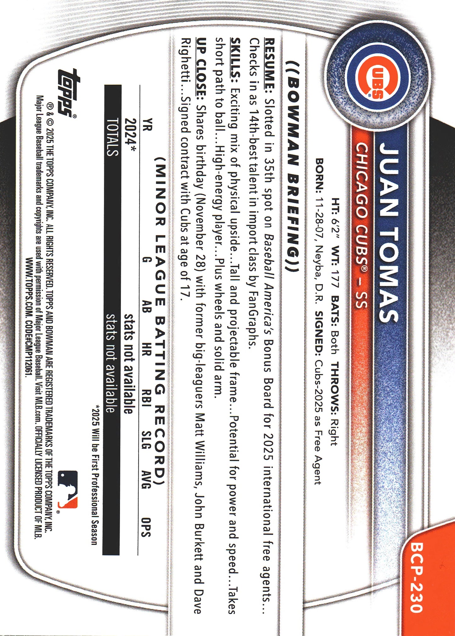 2025 Topps Bowman Chrome Prospects Green Shimmer /99 1st Juan Tomas #BCP-230 Chicago Cubs