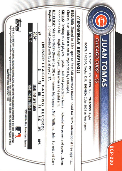 2025 Topps Bowman Chrome Prospects Green Shimmer /99 1st Juan Tomas #BCP-230 Chicago Cubs