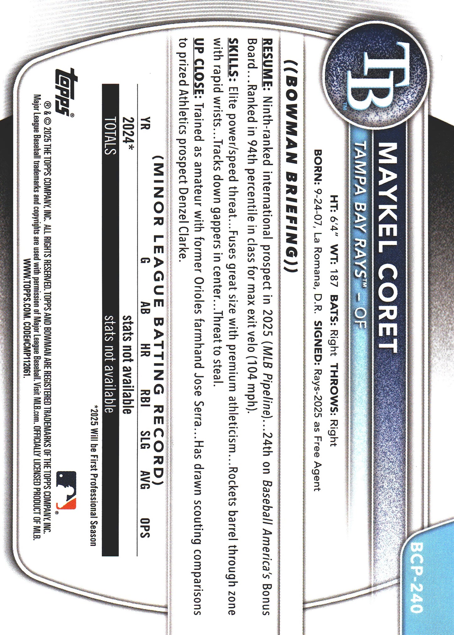 2025 Topps Bowman Chrome Prospects Green /99 1st Maykel Coret #BCP-240 Tampa Bay Rays