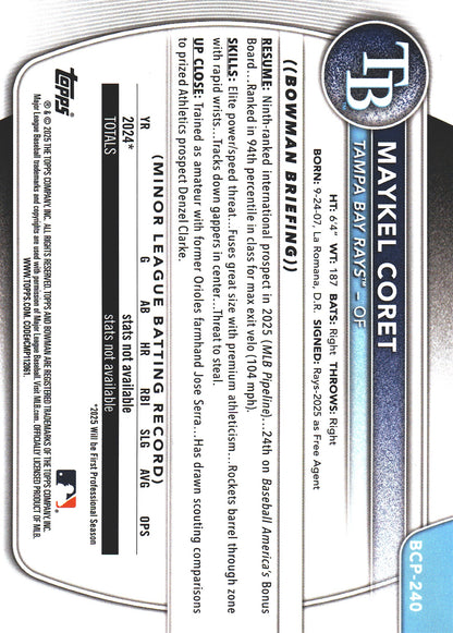2025 Topps Bowman Chrome Prospects Green /99 1st Maykel Coret #BCP-240 Tampa Bay Rays